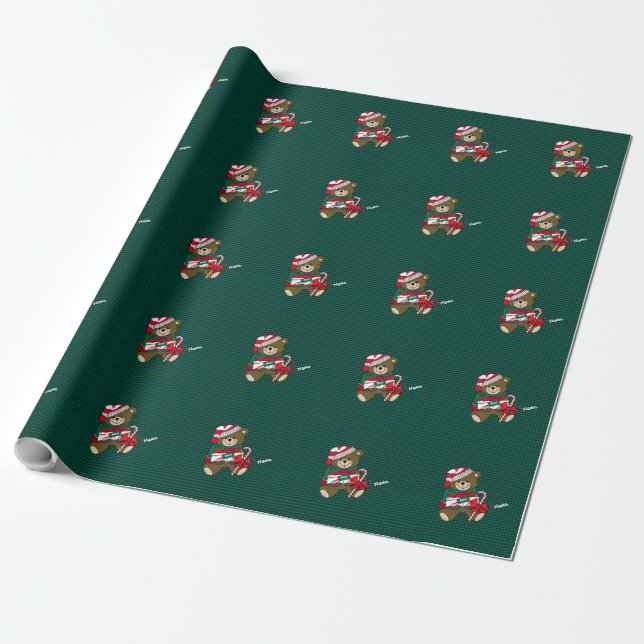 Christmas Green Plaid Teddy Bear Personalized Wrapping Paper (Unrolled)