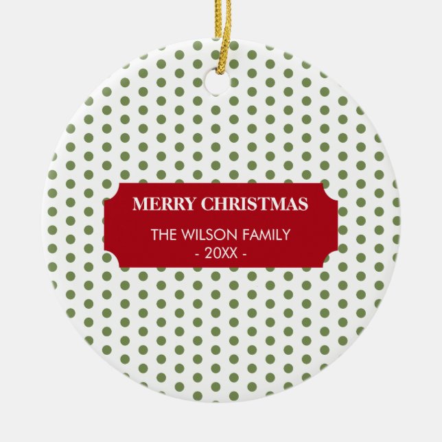 Christmas Green Polka Dots Family Name Year  Ceramic Tree Decoration (Front)