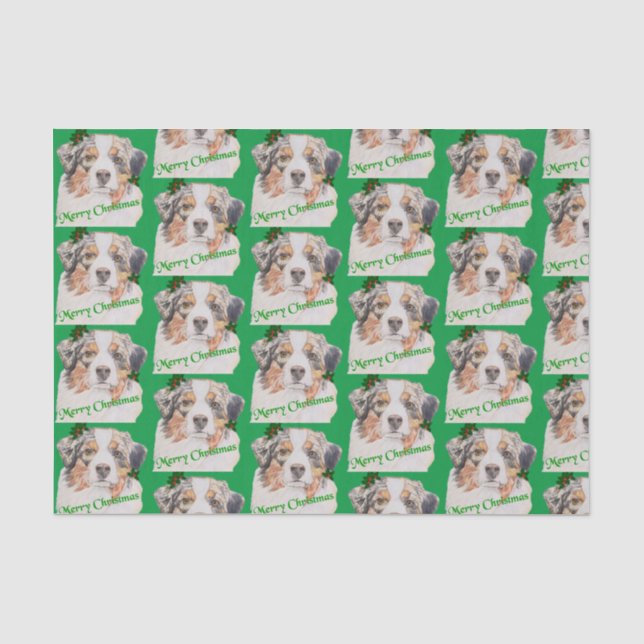 Christmas Green Realistic Australian Shepherd Tissue Paper (Front)