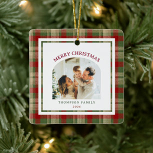 Christmas Green Red Beige Plaid Arch Photo Ceramic Ornament