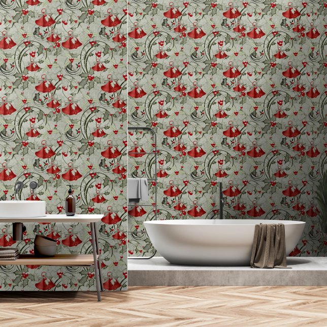 Christmas Green Red Bells Bows Berries Wallpaper (Bathroom)