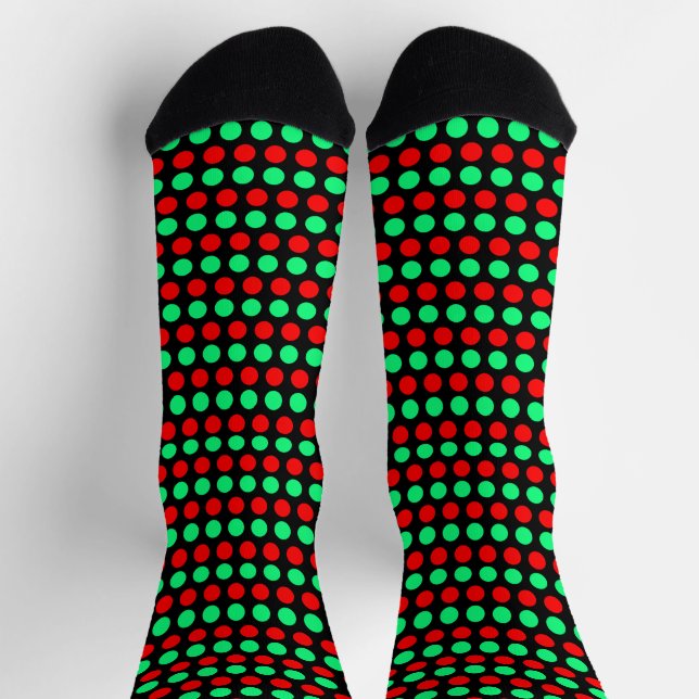 Christmas Green & Red Dotted Stripes on Black Socks (Top)