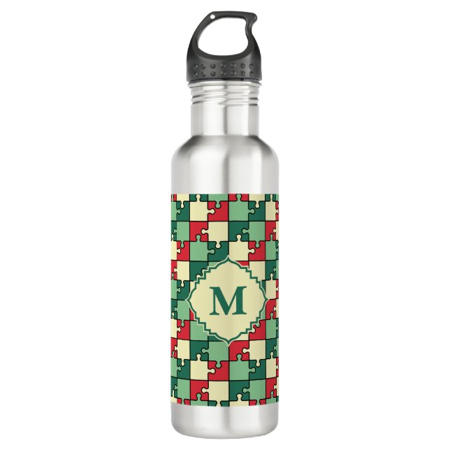 Christmas Green Red Geometric Puzzle Piece Pattern 710 Ml Water Bottle (Front)