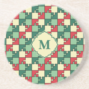 Christmas Green Red Geometric Puzzle Piece Pattern Coaster