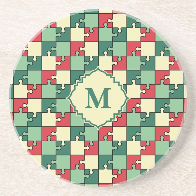Christmas Green Red Geometric Puzzle Piece Pattern Coaster (Front)