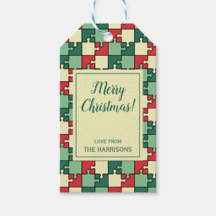 Christmas Green Red Geometric Puzzle Piece Pattern Gift Tags