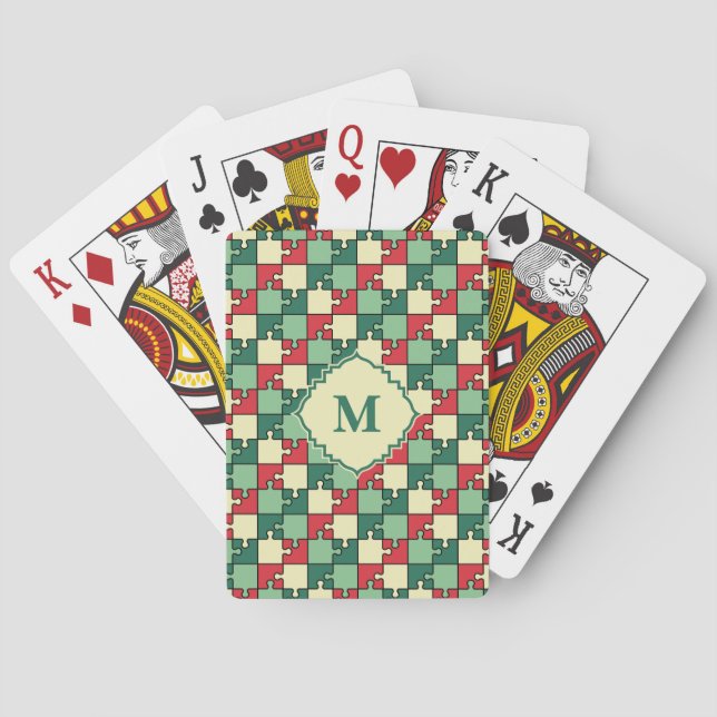 Christmas Green Red Geometric Puzzle Piece Pattern Playing Cards (Back)