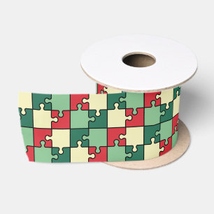 Christmas Green Red Geometric Puzzle Piece Pattern Satin Ribbon