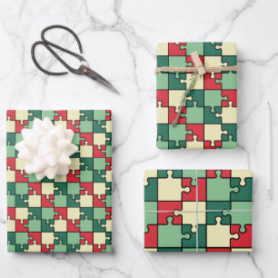 Christmas Green Red Geometric Puzzle Piece Pattern Wrapping Paper Sheet