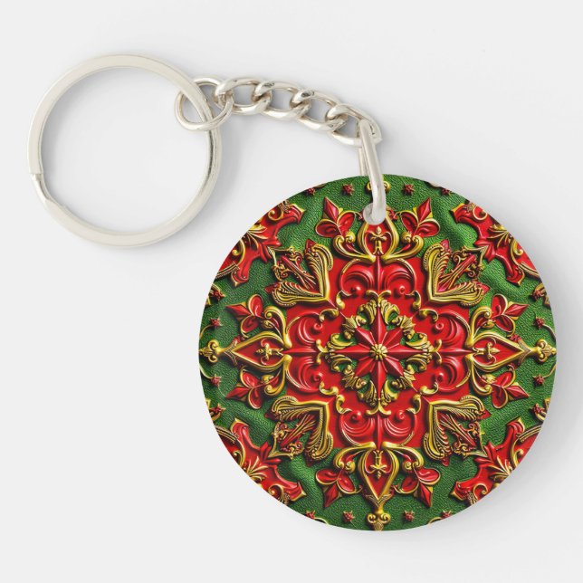 CHRISTMAS ~ Green Red Gold Bright Circular 3D ~  Key Ring (Front)