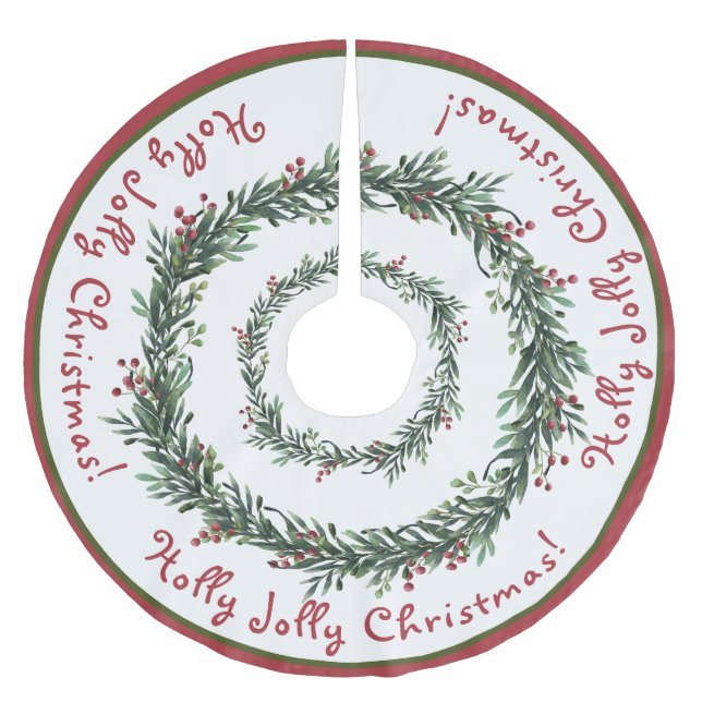 Christmas, Green, Red, Holly Jolly Brushed Polyester Tree Skirt (Front)
