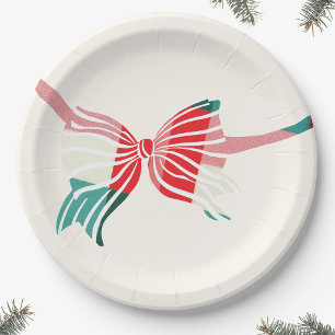 Christmas Green & Red Plaid Tied With Bow Holiday Paper Plate