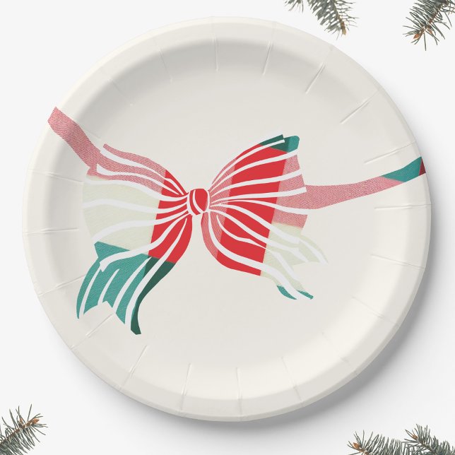 Christmas Green & Red Plaid Tied With Bow Holiday Paper Plate (Creator Uploaded)