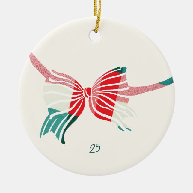 Christmas Green & Red Plaid Tied With Bow Photo Ceramic Tree Decoration (Front)