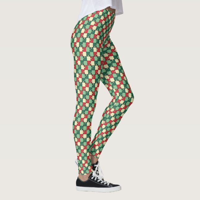 Christmas Green Red Puzzle Piece Monogram  Leggings (Right)
