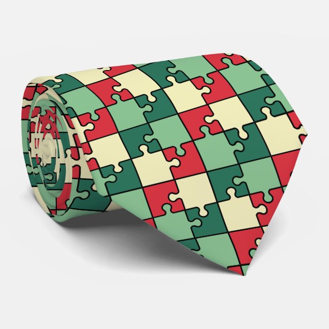 Christmas Green Red Puzzle Piece Monogram  Tie (Rolled)