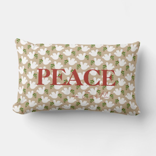 Christmas Green Red White Dove PEACE on Earth Lumbar Cushion (Front)