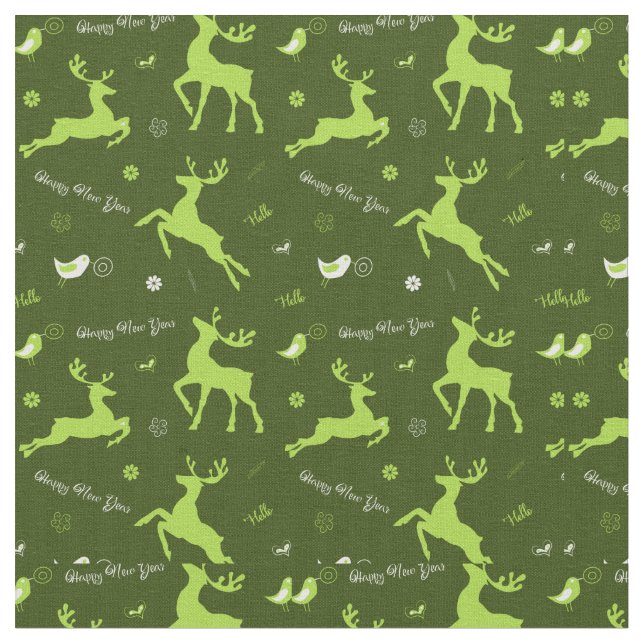 Christmas Green Reindeer  Fabric (Close Up)