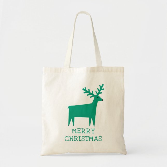 Christmas Green Reindeer. Festive Holiday Shopping Tote Bag (Front)