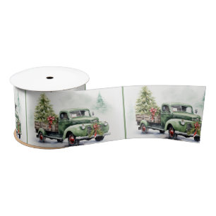 Christmas Green Retro Truck With Tree Satin Ribbon