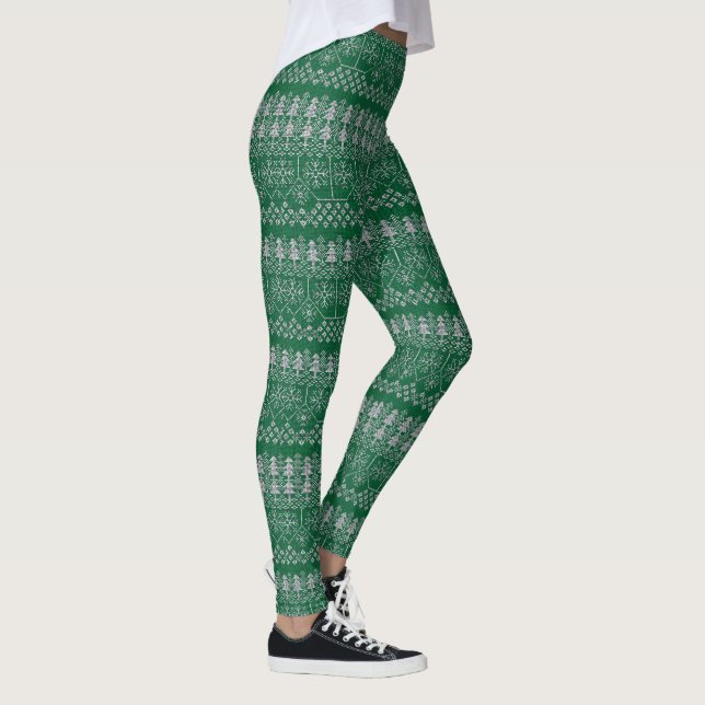 Christmas Green Silver Grey Holidays Modern Leggings (Right)