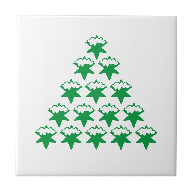Christmas Green Snow Stars Tree, White background Tile (Front)