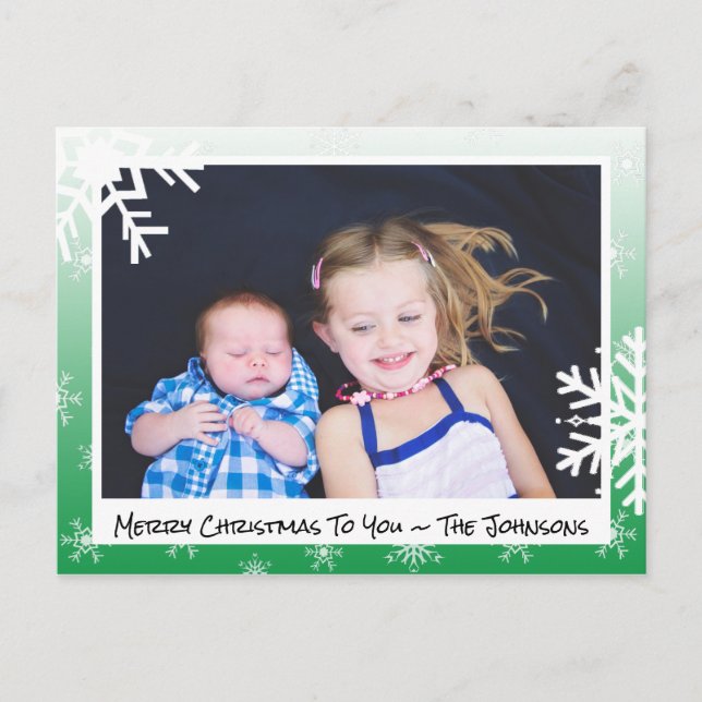 Christmas green Snowflakes Family Photo Card (Front)