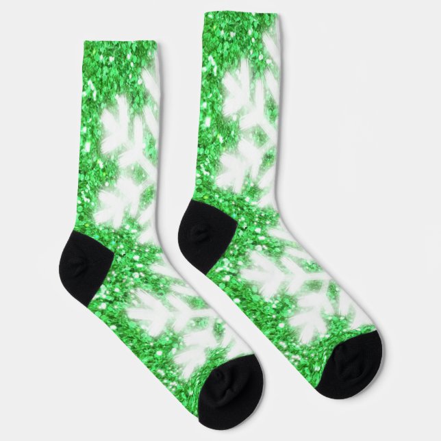Christmas green sparkle white snowflakes  socks (Right)
