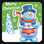 Christmas green square sticker Snowman drummer.<br><div class="desc">Christmas green blue square sticker Snowman drummer. and other Snowfolk. Winter Wonderland snowmen. Loveable wintery snowmen and snowgirl characters playing their instruments in a Christmas band. Also check out the matching loveable wintery characters with skating penguins, sledging snowgirls, skiing snowmen and skating snowmen : ) A lovely illustrated original sticker...</div>