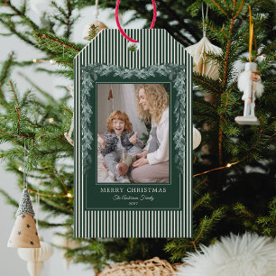 Christmas Green Stripes Bow Garlands Photo Gift Tags