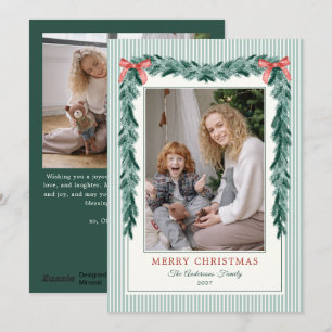 Christmas Green Stripes Bow Garlands Photo Holiday Card