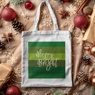 Christmas Green Stripes Merry and Bright Holiday Tote Bag