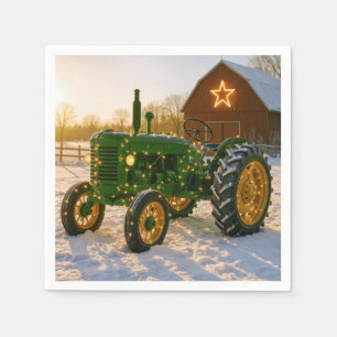 Christmas Green Tractor With Glowing Lights Napkin