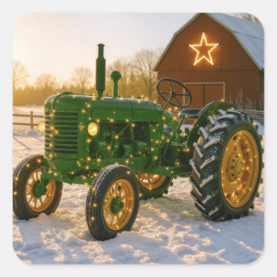 Christmas Green Tractor With Glowing Lights Square Sticker