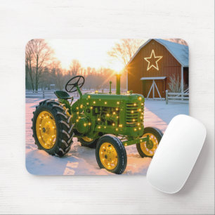 Christmas Green Vintage Tractor With Holiday Light Mouse Pad