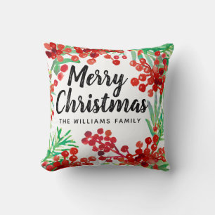 Christmas Green Watercolor Holly Red Berries Cushion