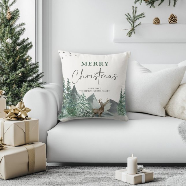 Christmas Green Watercolor Pine Forest Holiday Cushion (Creator Uploaded)