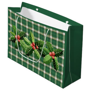 Christmas Green White Plaid Large Gift Bag