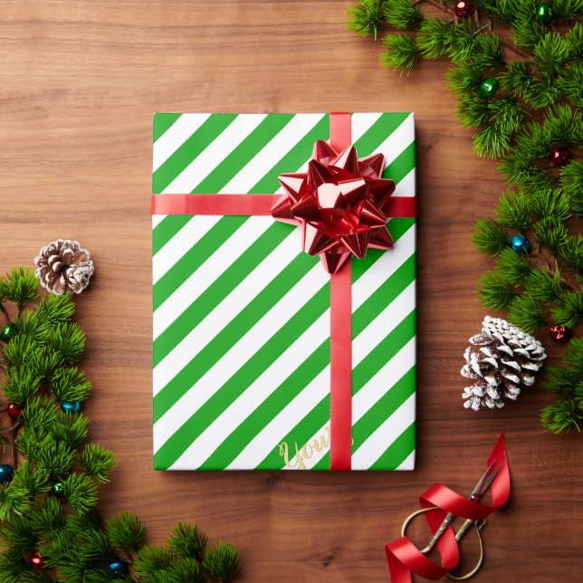Christmas Green White Stripes Pattern Gold Text Wrapping Paper (Holiday Gift)