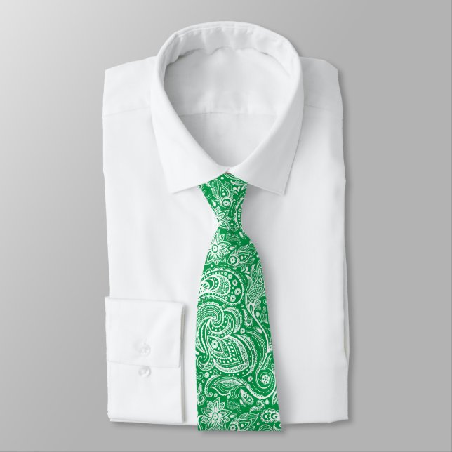 Christmas Green & White Vintage Paisley Pattern Tie (Tied)