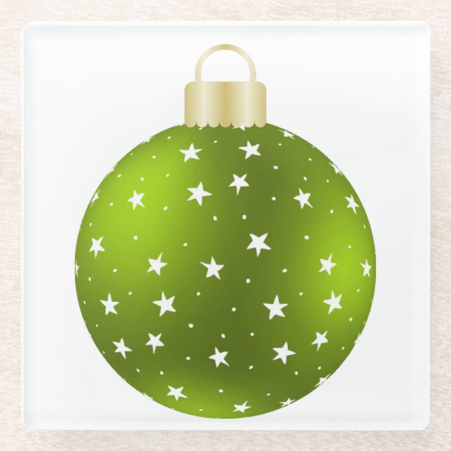 CHRISTMAS GREEN WITH WHITE STARS ORNAMENT GLASS COASTER (Front)