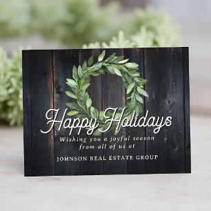 Christmas Green Wreath on Wood Happy Holidays Postcard