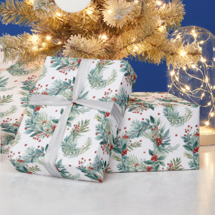 Christmas Greenery and Berries Modern Christmas Wrapping Paper