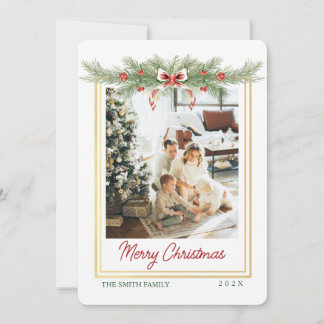 Christmas Greenery And Bow 1 Photo Golden Frame Holiday Card