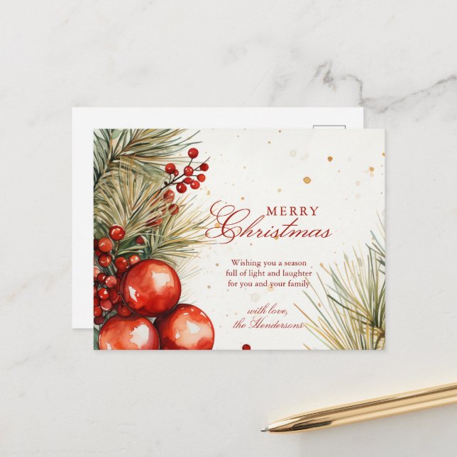 Christmas Greenery And Ornaments  Holiday Postcard (Front/Back In Situ)