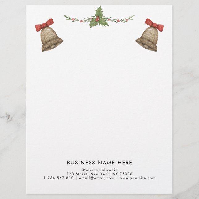 Christmas Greenery Bells Custom Professional Text Letterhead (Front)