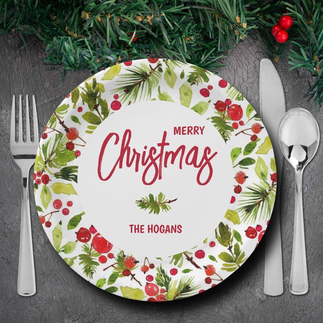 Christmas Greenery Berries Holiday Paper Plate (Personalized Merry Christmas paper plates with greenery and berries)
