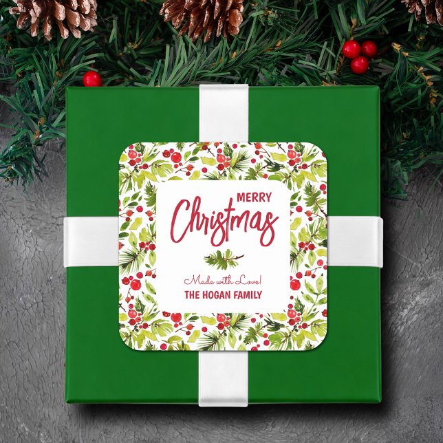 Christmas Greenery Berries Homemade Food Holiday Square Sticker (Merry Christmas, Made with Love square stickers with greenery and red berries)