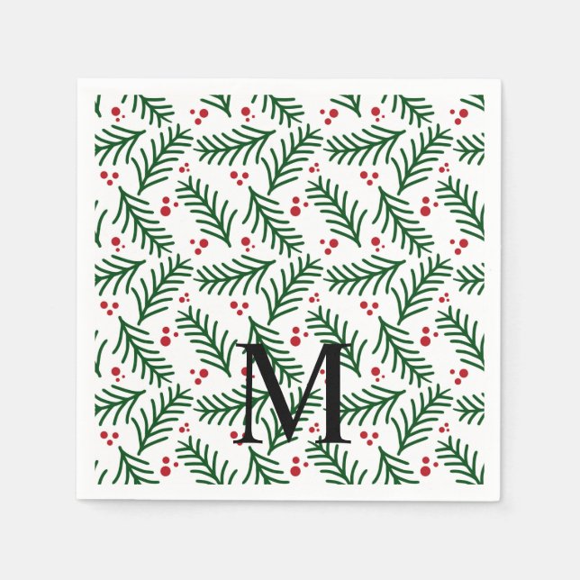 Christmas Greenery Berries INITIAL Modern Holiday Napkin (Front)