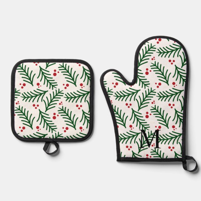 Christmas Greenery Berries INITIAL Modern Holiday Oven Mitt & Pot Holder Set (Front)